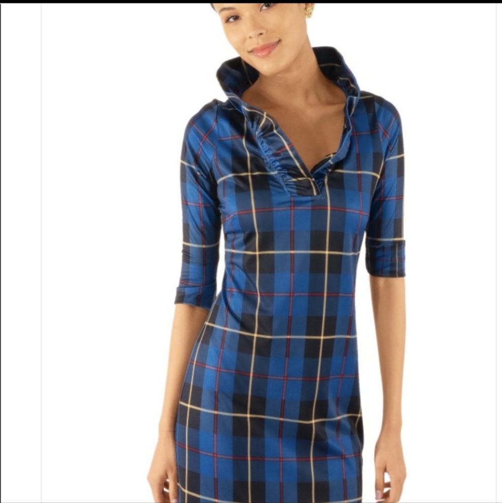 Gretchen Scott Ruffneck Dress Blue Plaidly Cooper XS